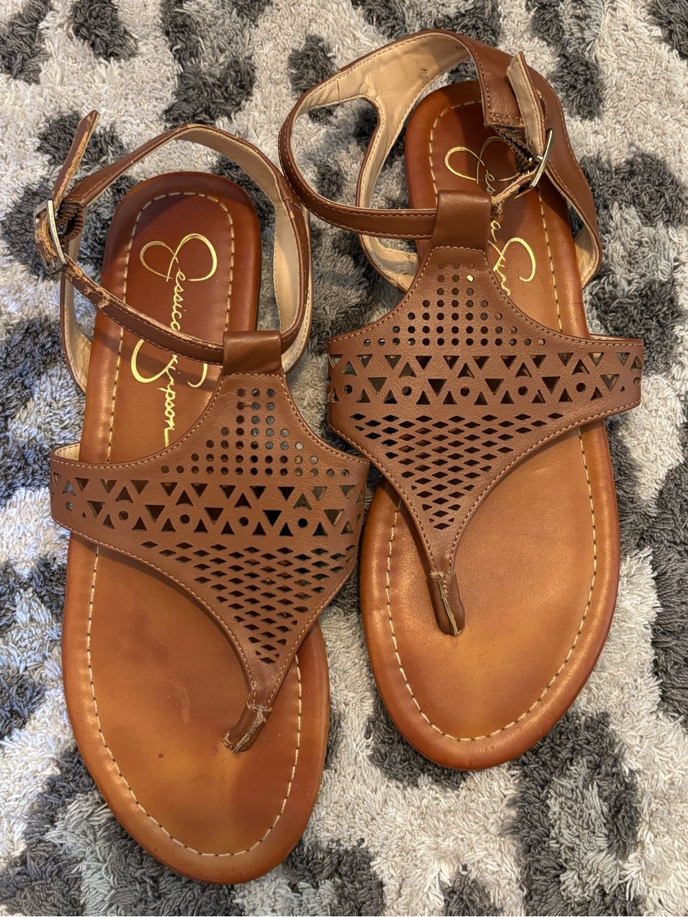 Jessica Simpson Cognac Brown Laser-Cut T-Strap Sandals 6.5